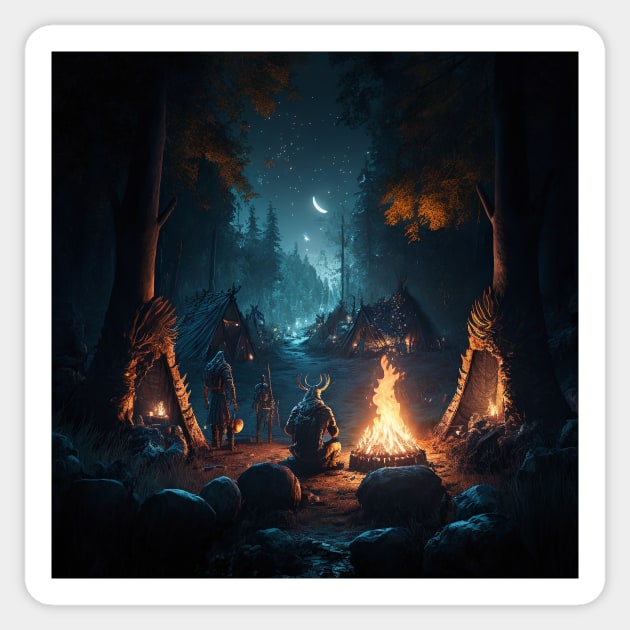 Viking Camp on the Edge of the Dark Forest Sticker by AICreateWorlds